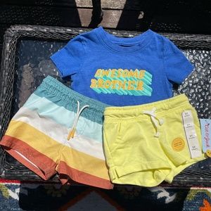 3 Piece Set Cat & Jack Awesome Brother Blue T-Shirt Yellow Shorts & Swim Trunks